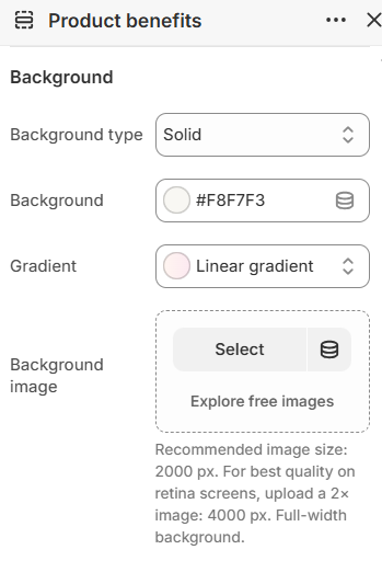Product benefits background settings in the Fragrance Shop Shopify theme editor
