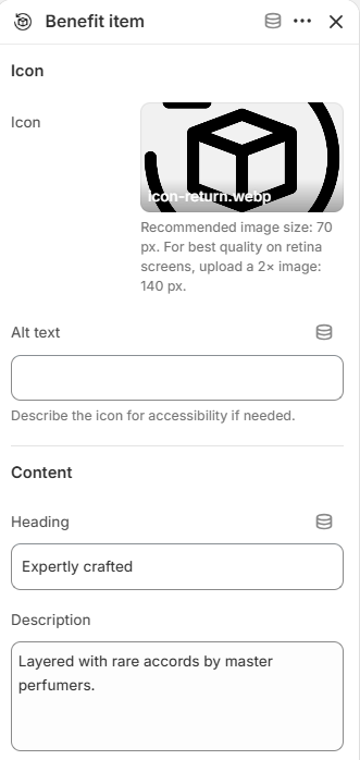 Benefit item block settings for the Product benefits section in the Fragrance Shop Shopify theme editor