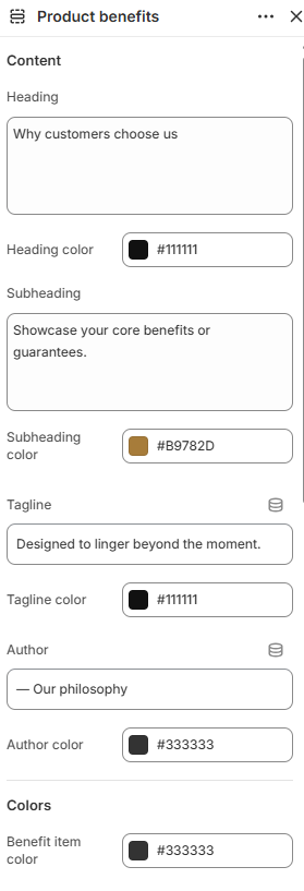 Product benefits content and color settings in the Fragrance Shop Shopify theme editor