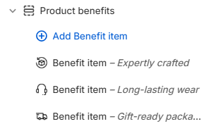 Product benefits section and Benefit item blocks in the Shopify theme editor