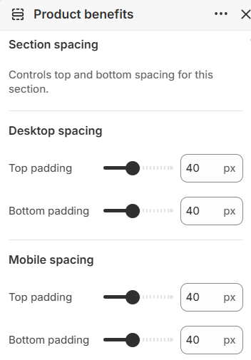 Product benefits section spacing settings in the Fragrance Shop Shopify theme editor