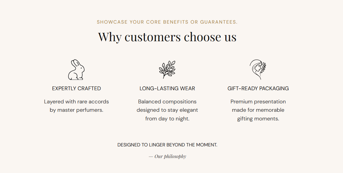 Product benefits section preview on the Fragrance Shop storefront