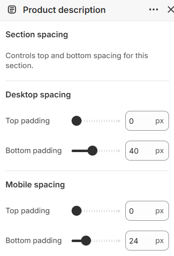 Product description section spacing settings in the Fragrance Shop Shopify theme editor
