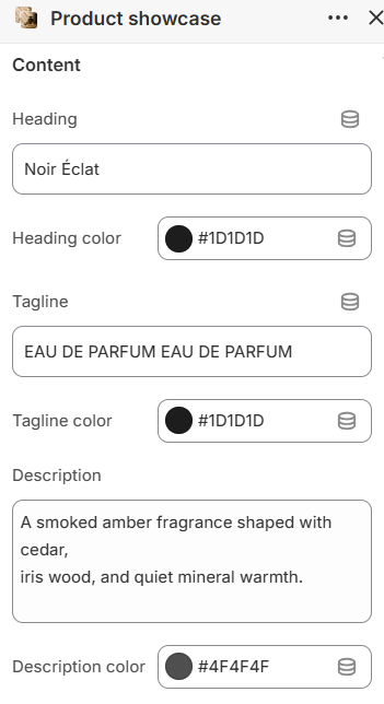 Product showcase content settings in the theme editor