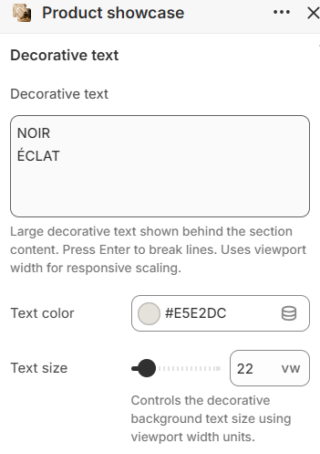 Product showcase decorative text settings in the theme editor