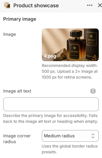 Product showcase primary image settings in the theme editor