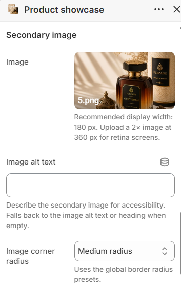 Product showcase secondary image settings in the theme editor