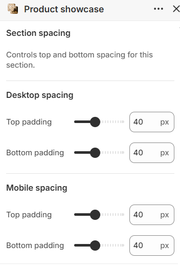 Product showcase section spacing settings in the theme editor