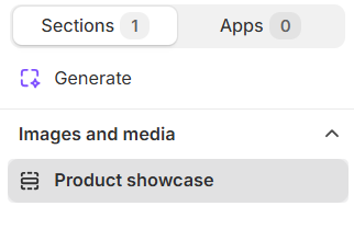 Product showcase listed under Images and media in the Shopify section picker