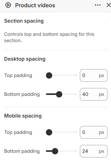 Product videos section spacing settings in the Fragrance Shop Shopify theme editor