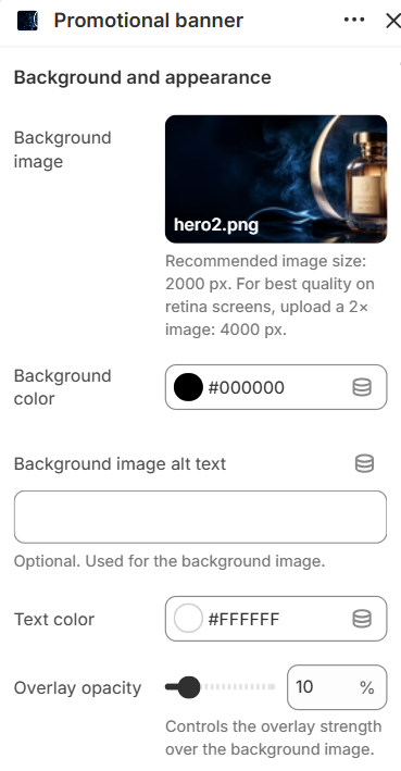 Promotional banner background and appearance settings in the Fragrance Shop Shopify theme editor