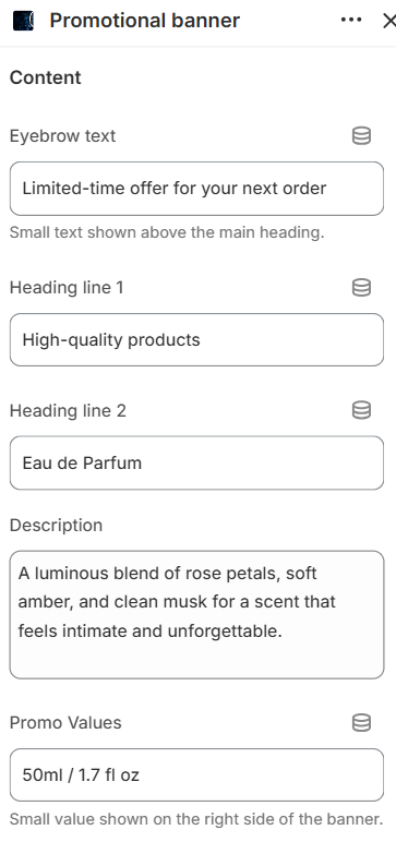 Promotional banner content settings in the Fragrance Shop Shopify theme editor