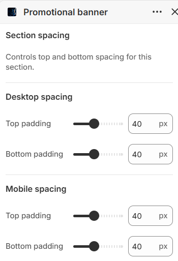 Promotional banner section spacing settings in the Fragrance Shop Shopify theme editor