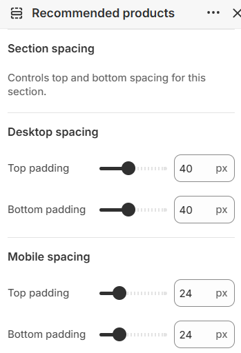 Recommended products section spacing settings in the Fragrance Shop Shopify theme editor