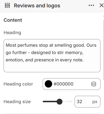 Reviews and logos heading settings in the Fragrance Shop Shopify theme editor