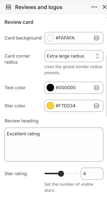 Reviews and logos review card settings in the Fragrance Shop Shopify theme editor
