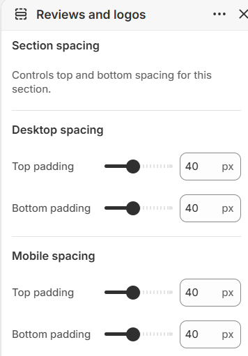 Reviews and logos section spacing settings in the Fragrance Shop Shopify theme editor