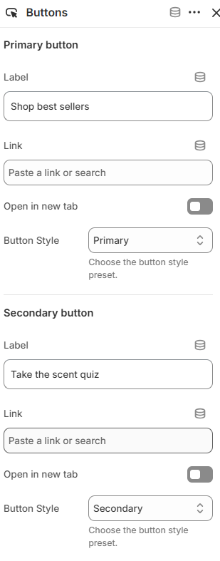 Rich text Buttons block settings in the Fragrance Shop Shopify theme editor
