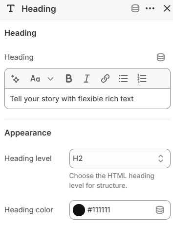 Rich text Heading block settings in the Fragrance Shop Shopify theme editor