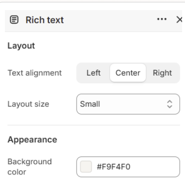 Rich text layout and background settings in the Fragrance Shop Shopify theme editor