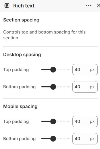 Rich text section spacing settings in the Fragrance Shop Shopify theme editor