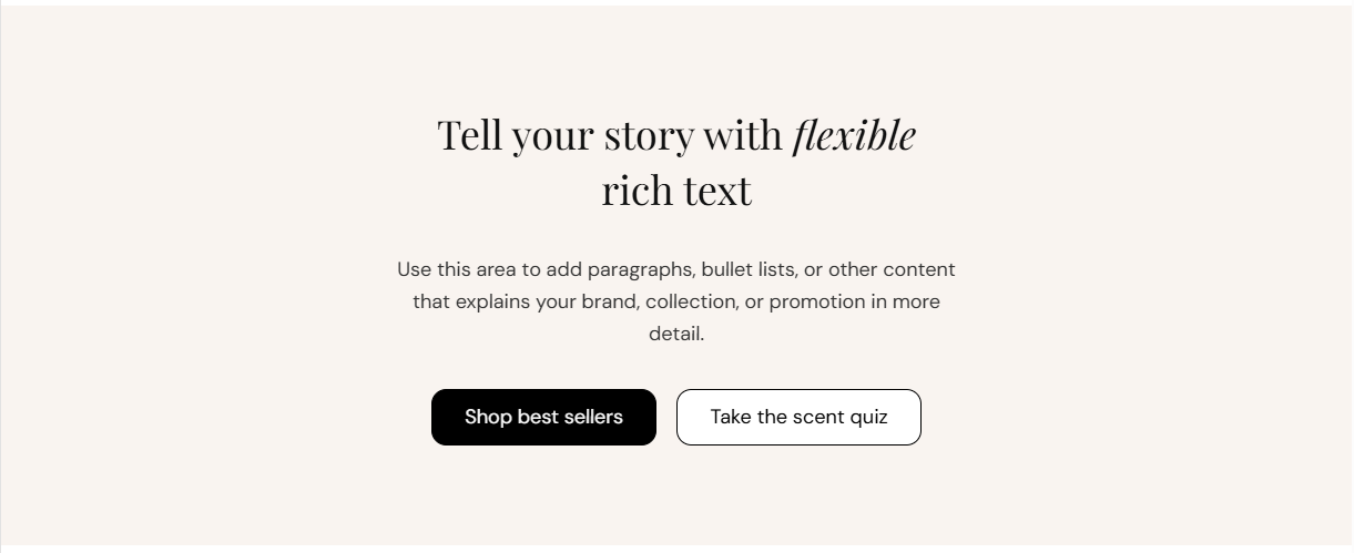 Rich text section preview on the Fragrance Shop storefront