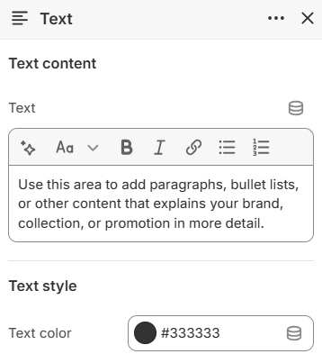 Rich text Text block settings in the Fragrance Shop Shopify theme editor