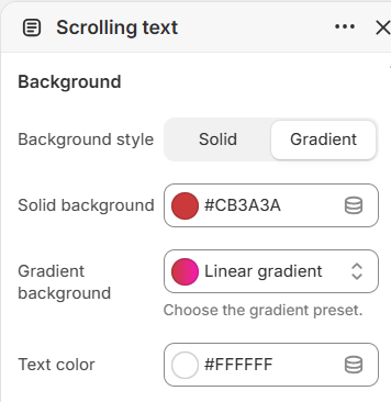 Scrolling text background settings in the Fragrance Shop Shopify theme editor