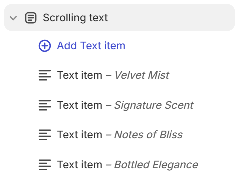 Scrolling text section and Text item blocks in the Shopify theme editor