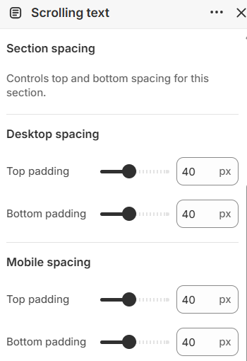 Scrolling text section spacing settings in the Fragrance Shop Shopify theme editor