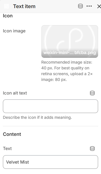 Scrolling text Text item block settings in the Fragrance Shop Shopify theme editor