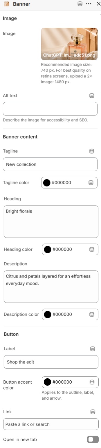 Banner block settings for the Split image banner section in the Fragrance Shop Shopify theme editor