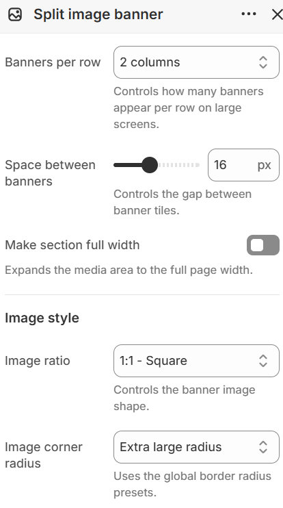 Split image banner layout and image style settings in the Fragrance Shop Shopify theme editor