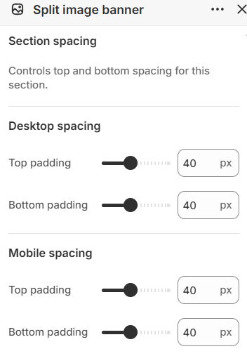 Split image banner section spacing settings in the Fragrance Shop Shopify theme editor