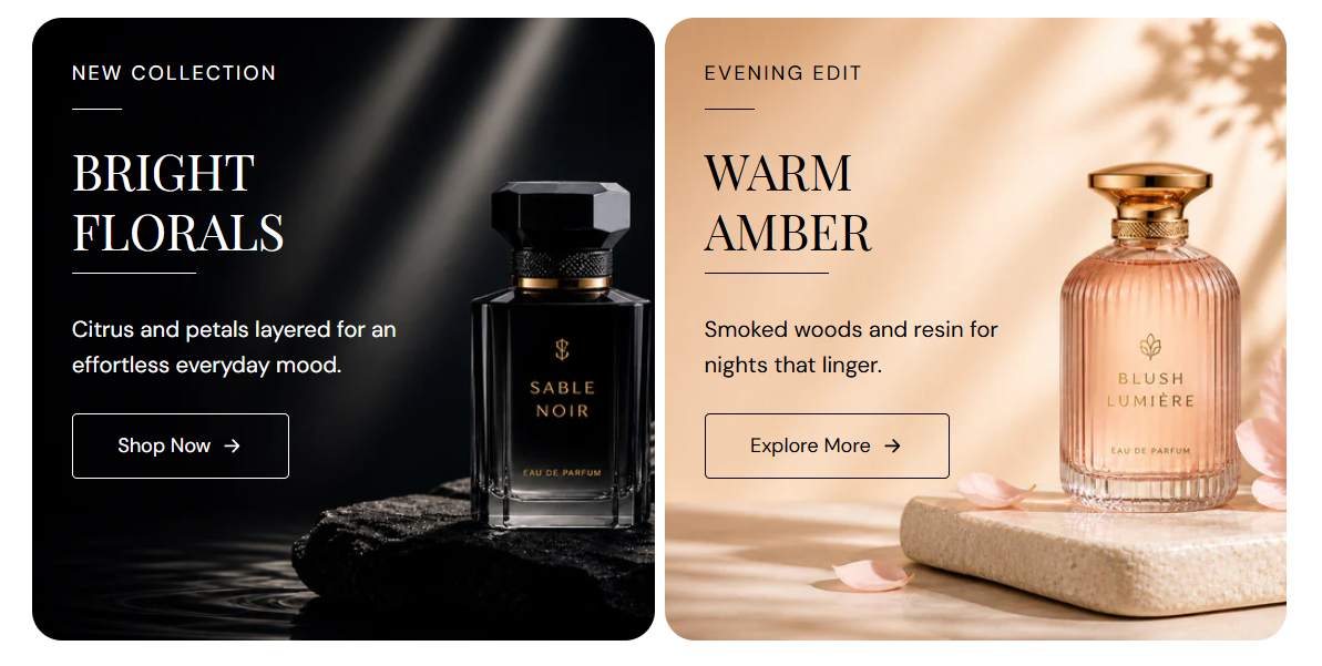Split image banner section preview on the Fragrance Shop storefront