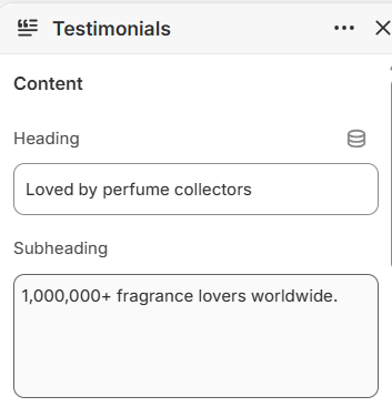Testimonials heading and subheading settings in the Fragrance Shop Shopify theme editor