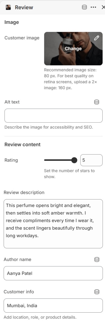Review block settings for the Testimonials section in the Fragrance Shop Shopify theme editor