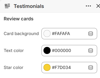 Testimonials review card color settings in the Fragrance Shop Shopify theme editor