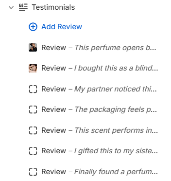 Testimonials section and Review blocks in the Fragrance Shop theme editor