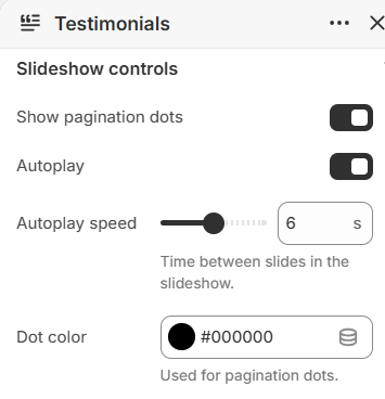 Testimonials slideshow control settings in the Fragrance Shop Shopify theme editor