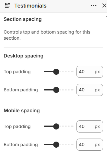 Testimonials section spacing settings in the Fragrance Shop Shopify theme editor