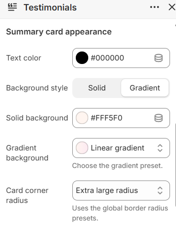 Testimonials summary card appearance settings in the Fragrance Shop Shopify theme editor