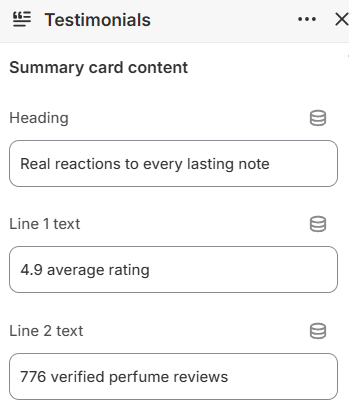 Testimonials summary card content settings in the Fragrance Shop Shopify theme editor
