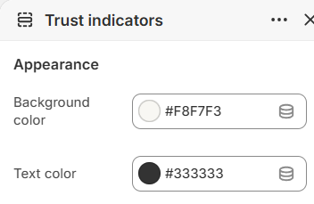 Trust indicators appearance settings in the Fragrance Shop Shopify theme editor