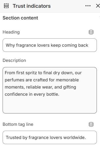 Trust indicators heading and description settings in the Fragrance Shop Shopify theme editor