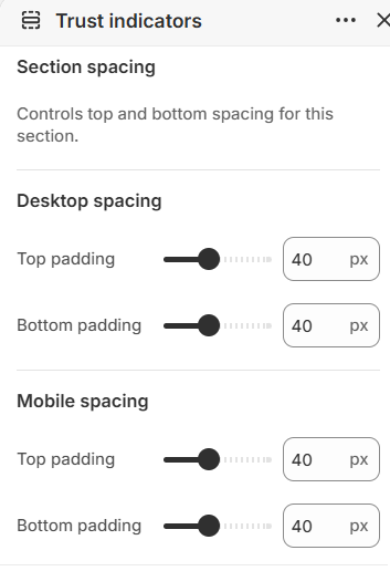 Trust indicators section spacing settings in the Fragrance Shop Shopify theme editor