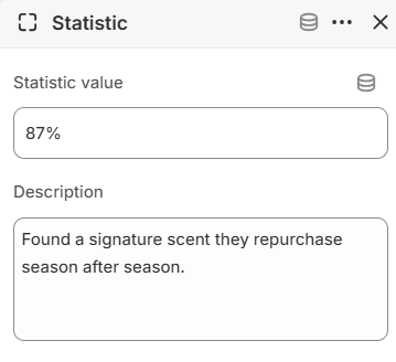 Statistic block settings for the Trust indicators section in the Fragrance Shop Shopify theme editor