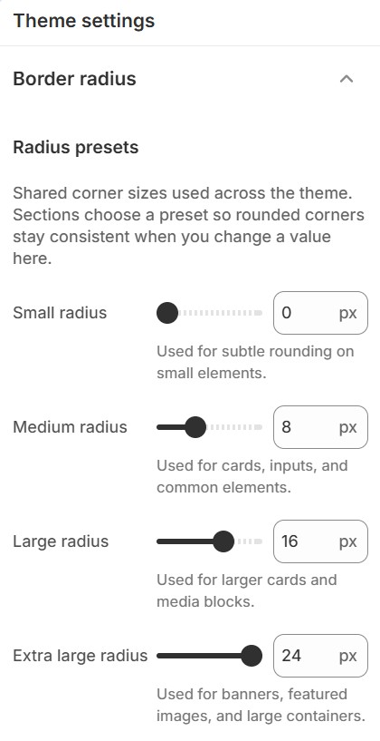 Theme settings — Border radius — Small, Medium, Large, and Extra large radius presets