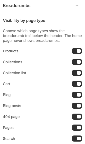 Breadcrumbs — Visibility by page type