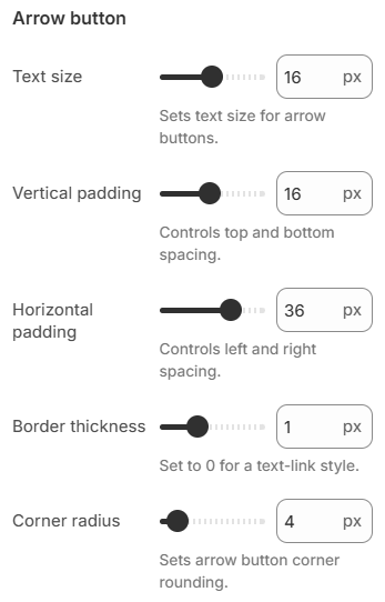 Theme settings — Buttons — Arrow button size, padding, border, and corner radius